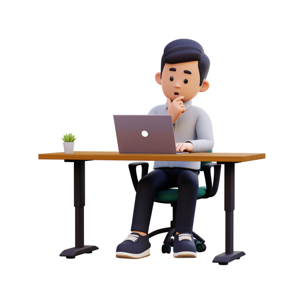 3D Male Character Engaged in Thoughtful Work on a Laptop png