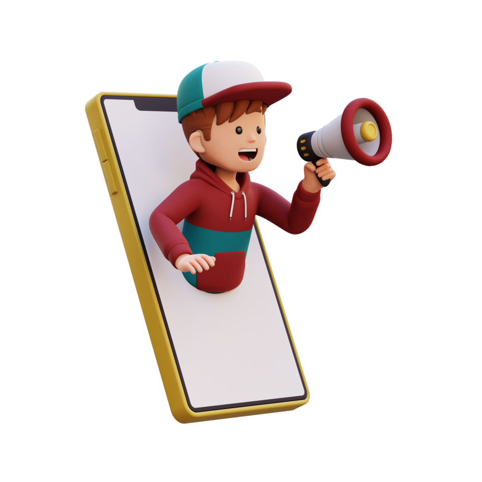 3d male character jumping out from smart phone screen and holding a megaphone png