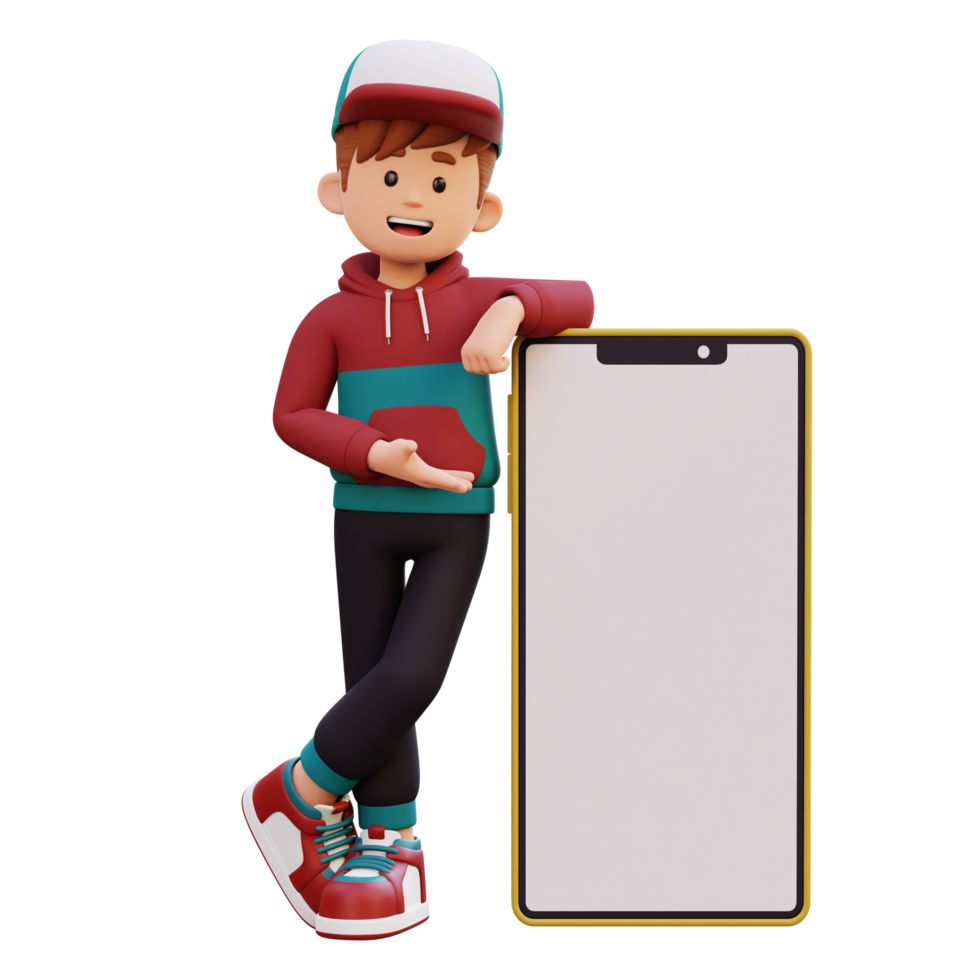 3d male character laying and presenting on a big smart phone with empty screen png