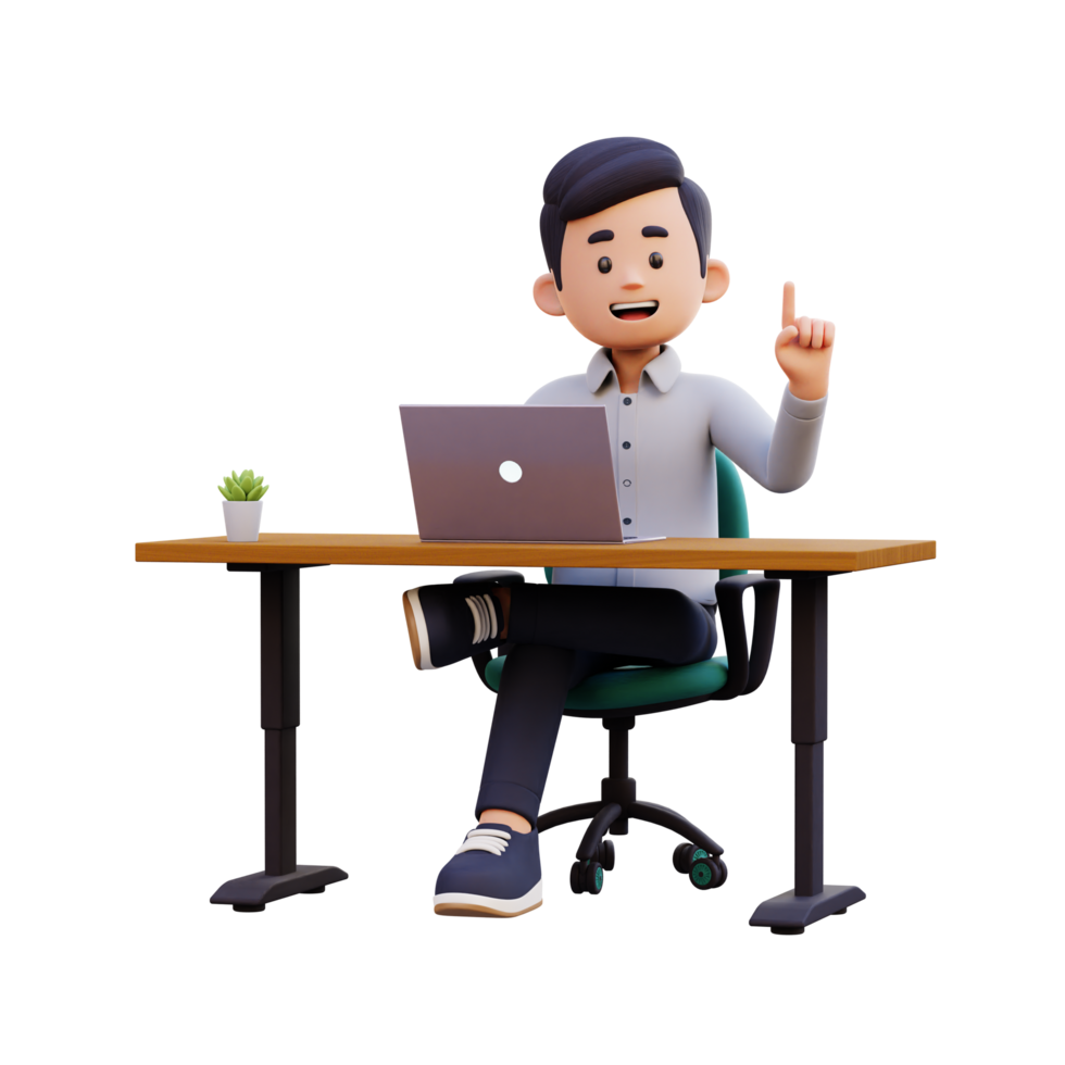 3D Male Character Strikes with an Idea while Working on a Laptop png