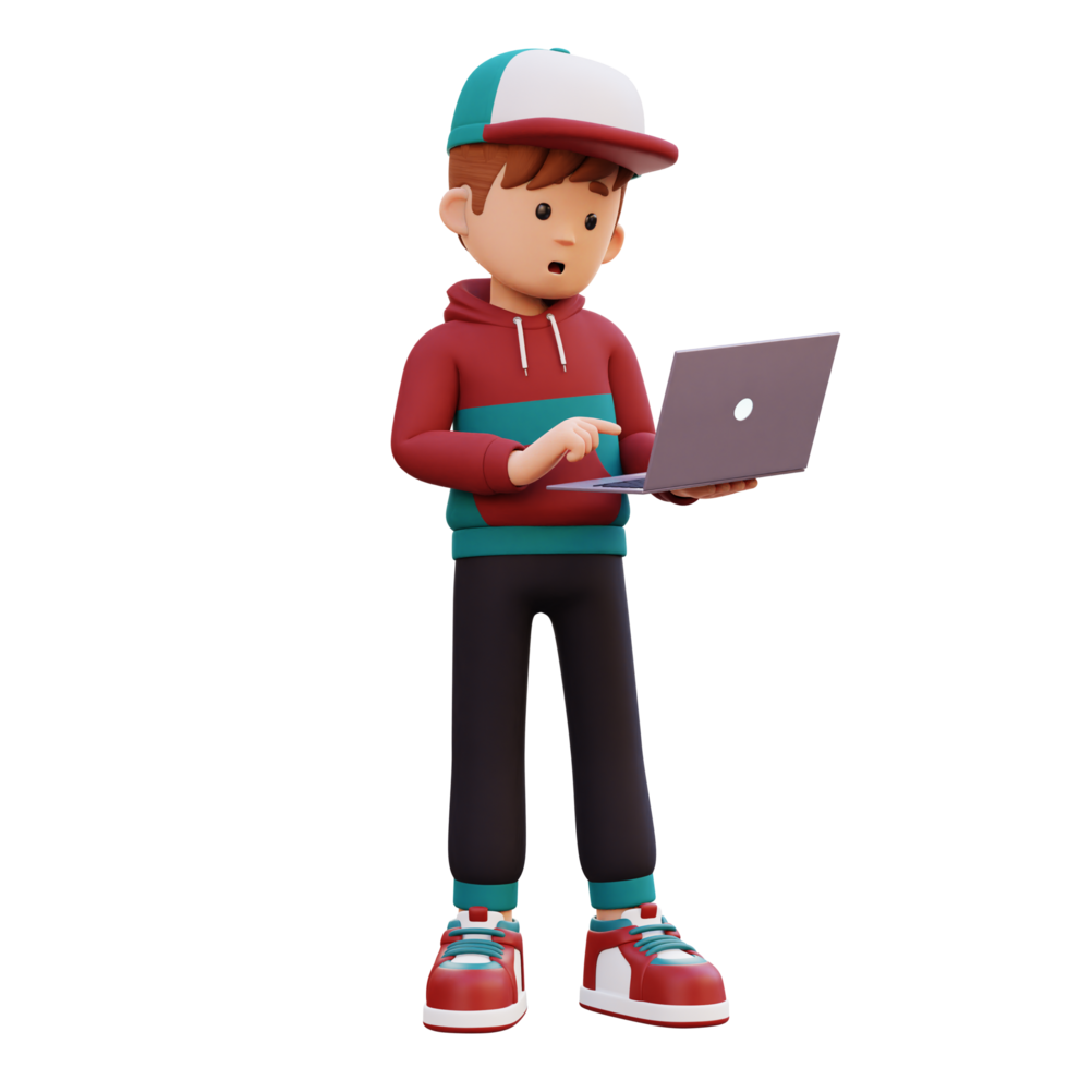 3d male character standing confused working on a laptop png
