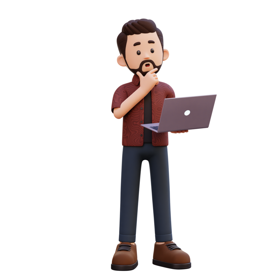3d male character thinking and working on a laptop png