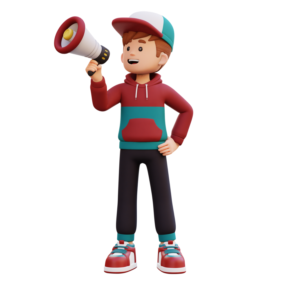 3d male character give announcement use megaphone png