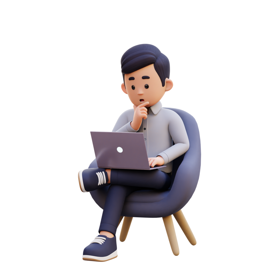 3D Male Character Engaged in Deep Thought while Working on a Laptop on a Sofa png