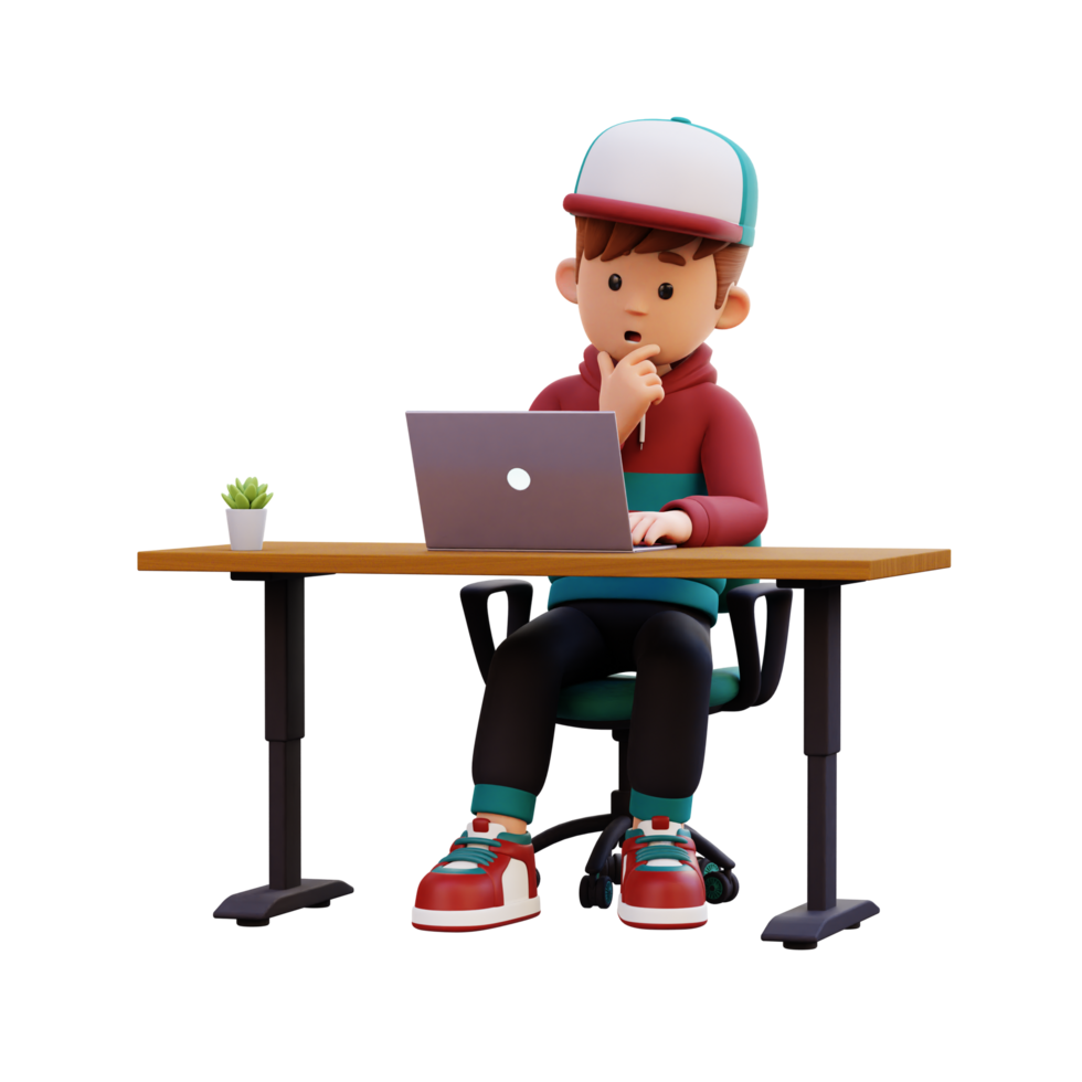 3d male character thinking and working on a laptop png