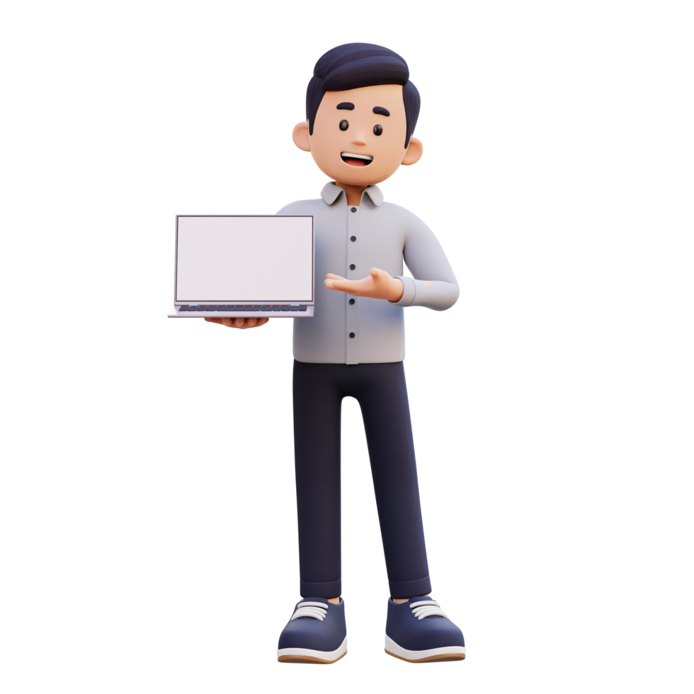 3D Male Character Holding and Presenting to a Laptop with Empty Screen png
