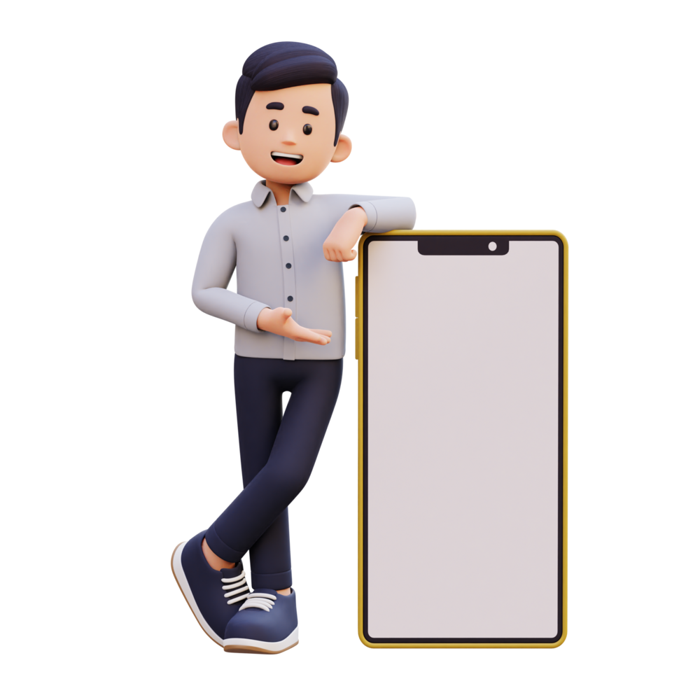 3D Male Character Laying and Presenting on a Big Smart Phone with Empty Screen png