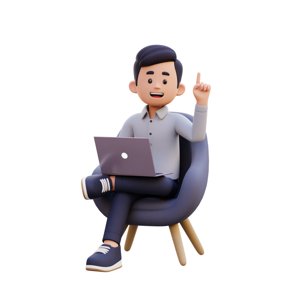 3D Male Character Gets an Idea while Sitting on a Sofa and Working on a Laptop png