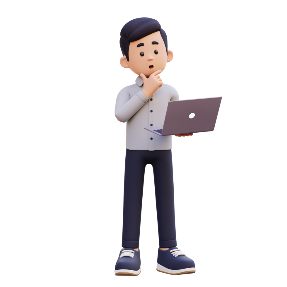 3D Male Character Thinking and Working on a Laptop png