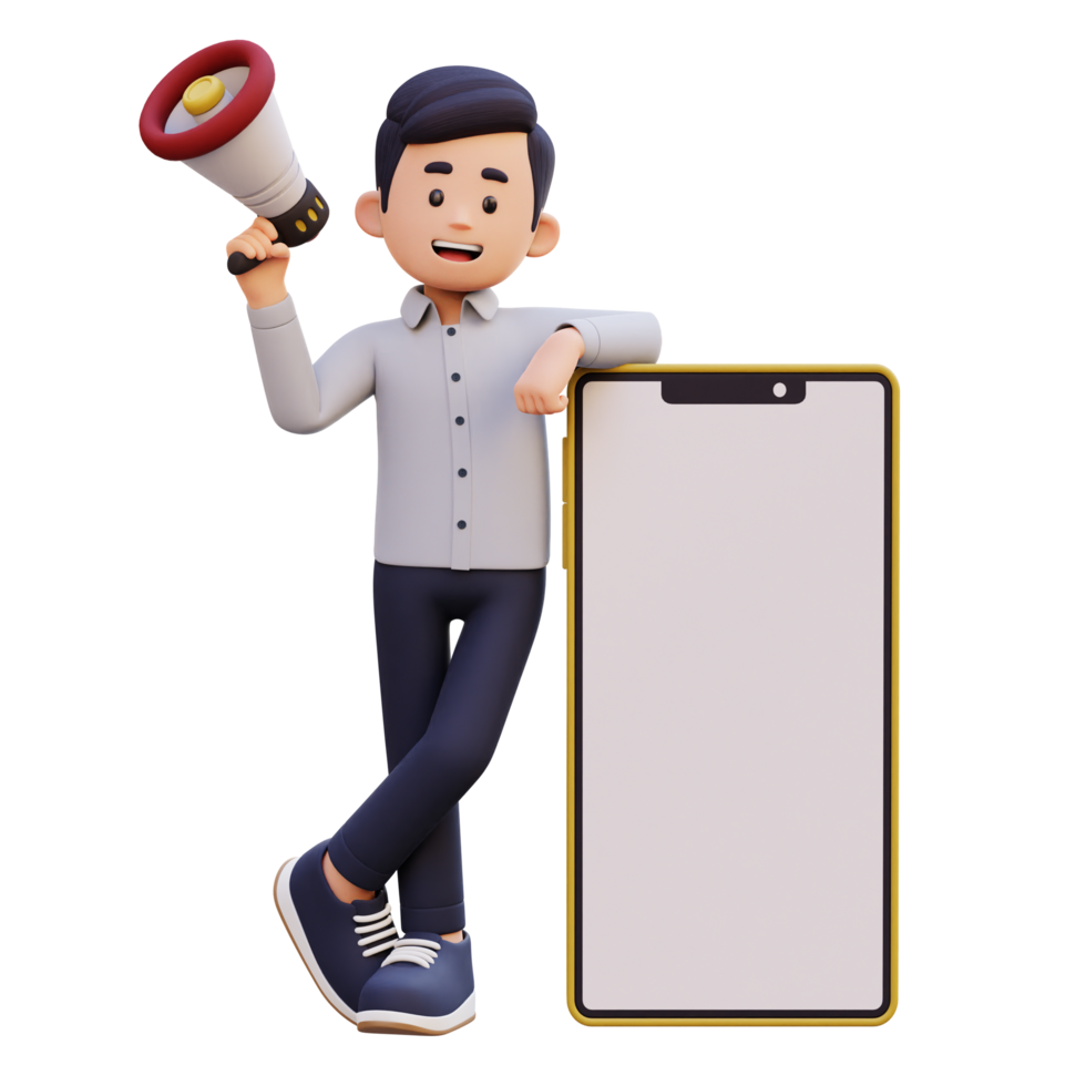 3D Male Character Holding Megaphone and Laying on a Big Smart Phone with Empty Screen png
