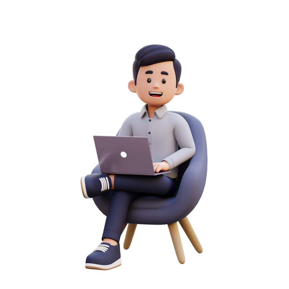 3D Male Character Sitting on a Sofa and Working on a Laptop png