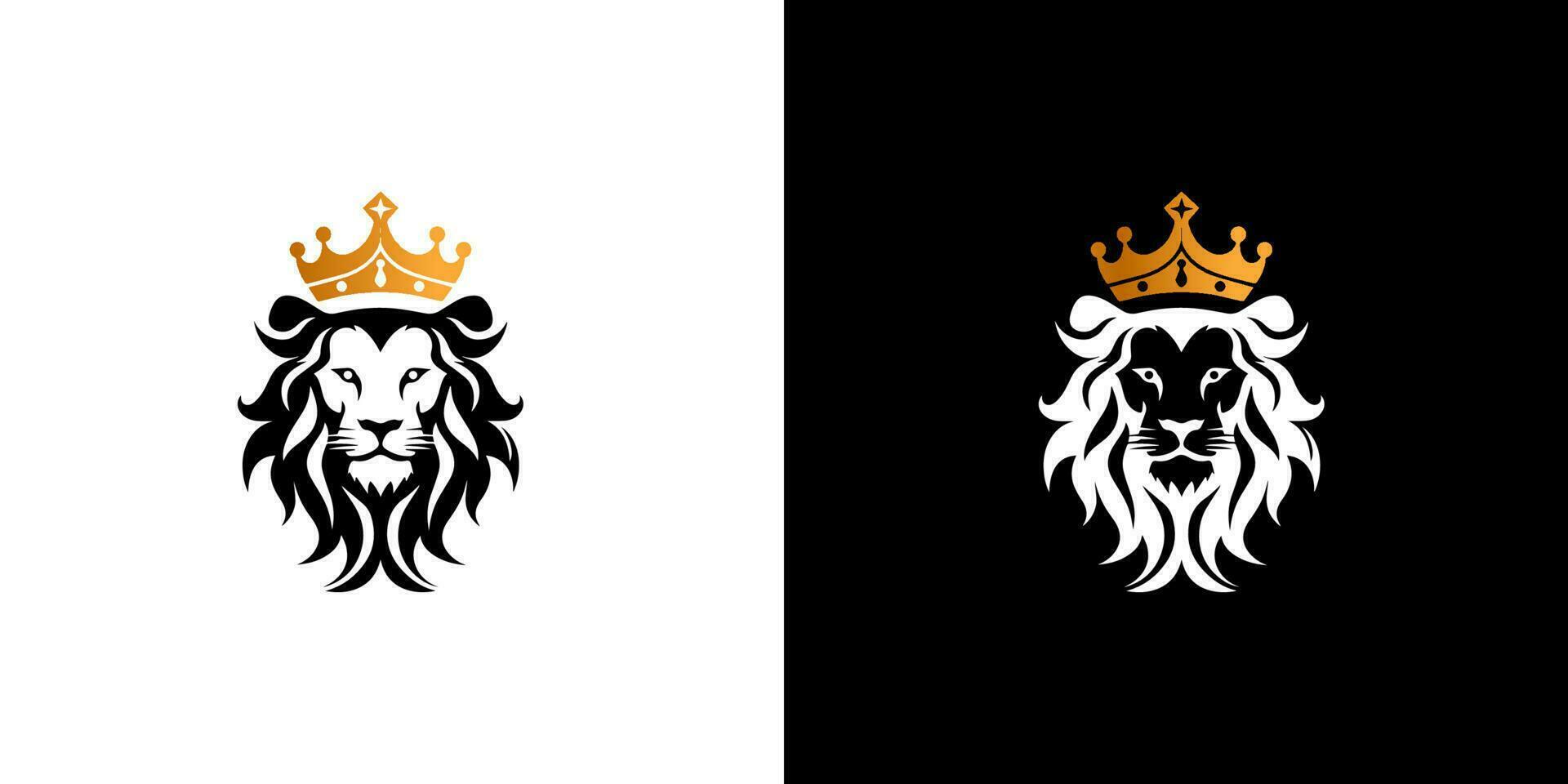 Royal king lion with gold crown symbol. Elegant black Leo animal logotype. Premium luxury brand identity icon. Vector illustration design template.