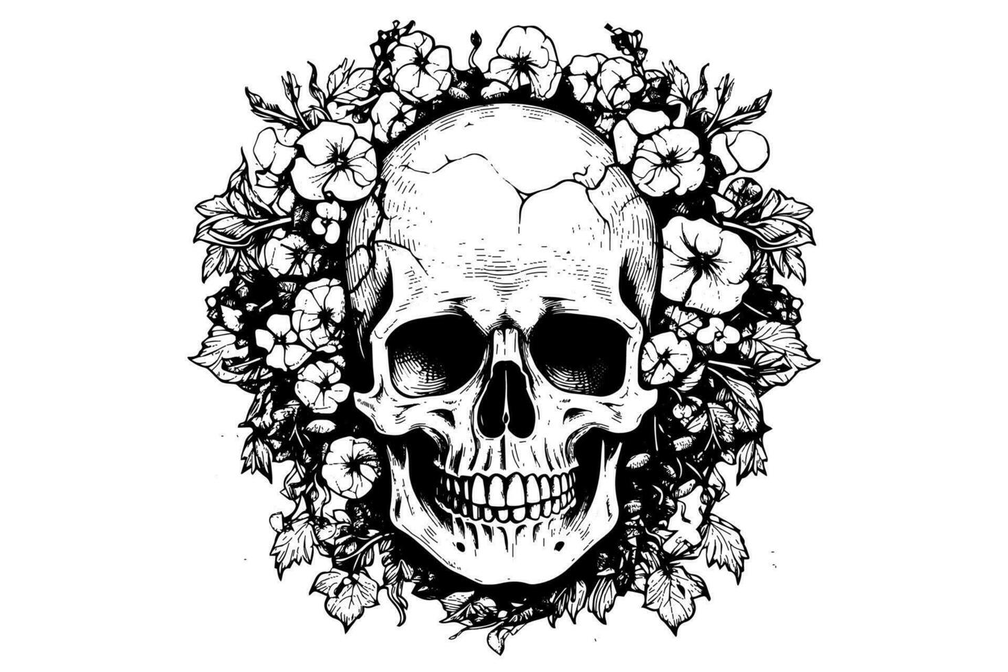 humano cráneo en un flor marco xilografía estilo. vector grabado bosquejo ilustración para tatuaje y impresión diseño.