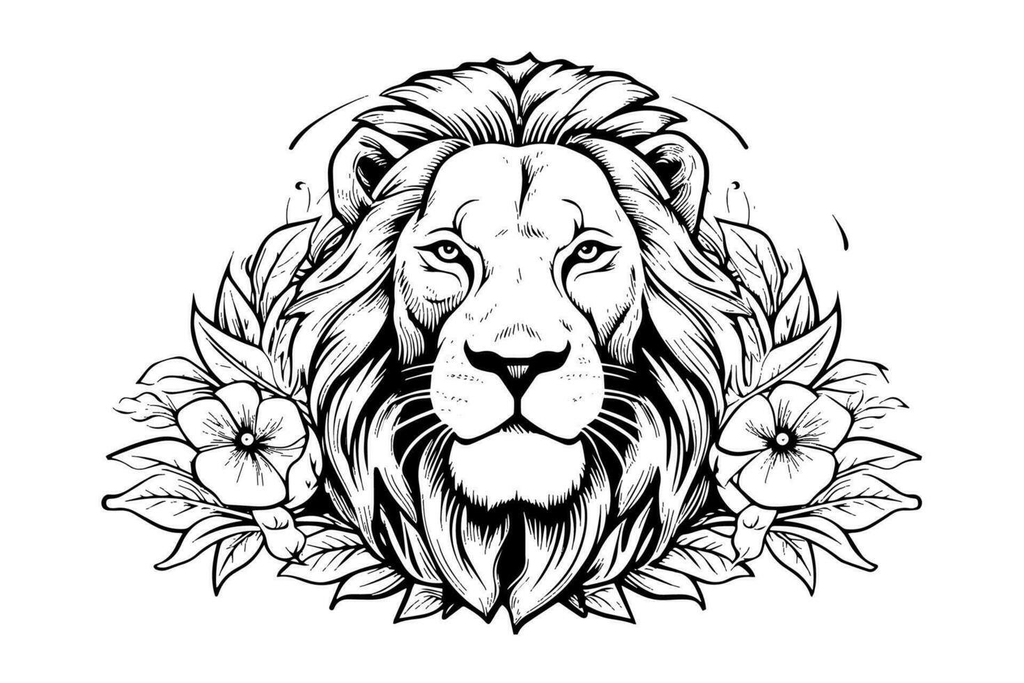 The lion head hand draw vintage engraving  black and white vector illustration on a white background.