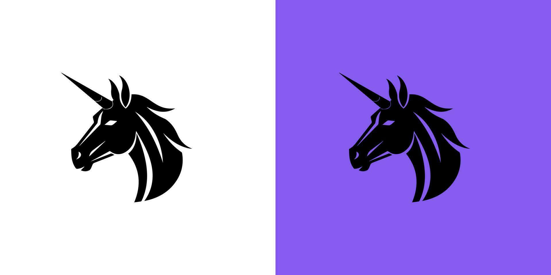 Black silhouette of graceful unicorn logotype. Fairy tale symbol. Vector flat icon on white and purple background. Magic logo