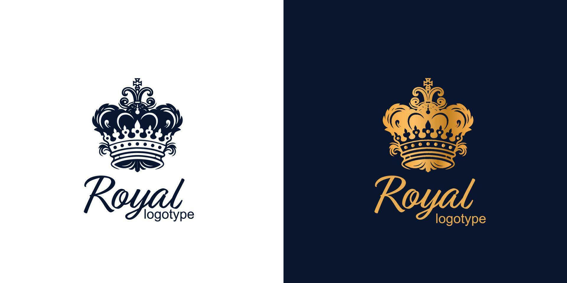 Crown Luxury Concept Logo Design Template on blue and white background. Logotype vector sign