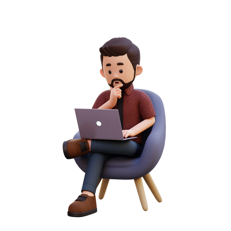 3d male character sitting on a sofa and working on a laptop with thinking pose png