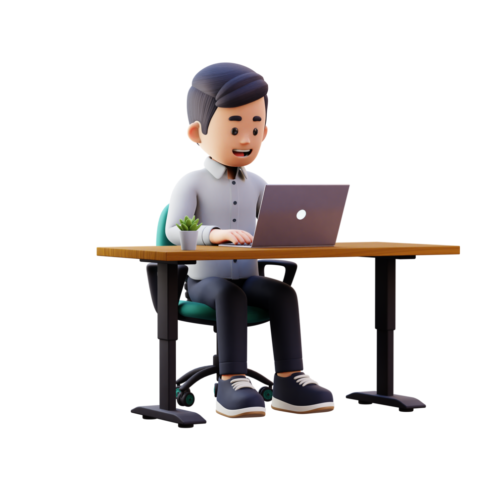 3D Male Character Engaged in Work on a Laptop png