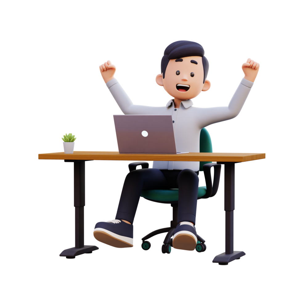 3D Male Character Joyfully Engaged in Work on a Laptop png