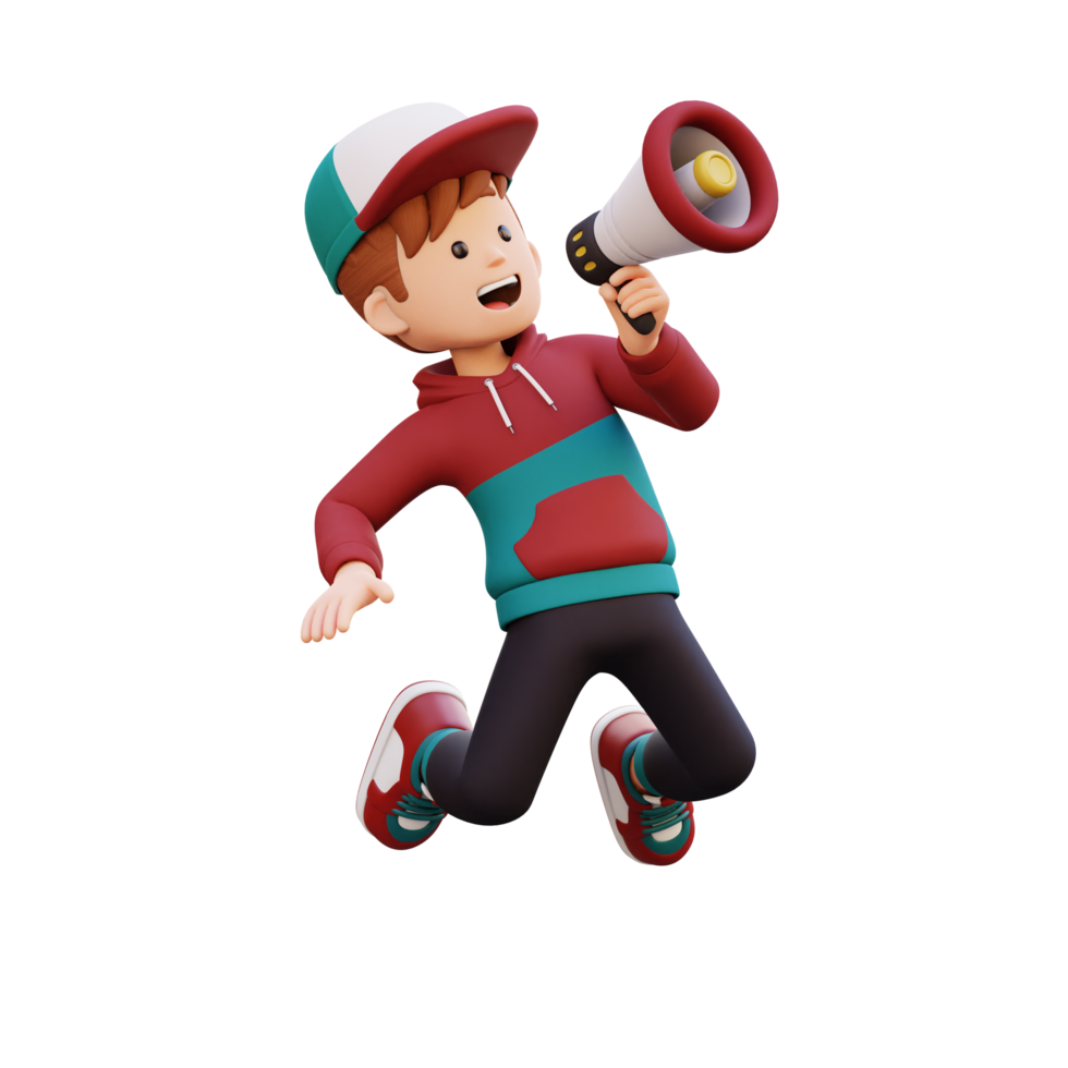 3d male character jumping and holding a megaphone png