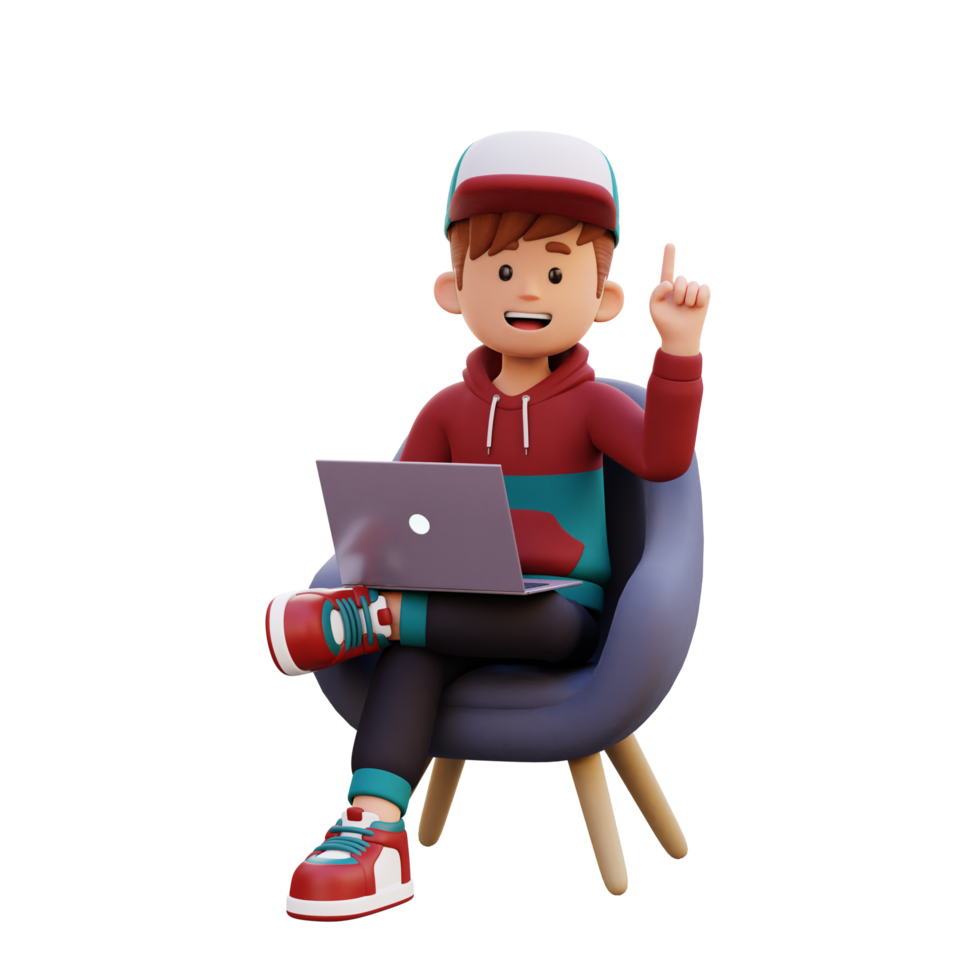 3d male character get an idea while sitting on a sofa and working on a laptop png