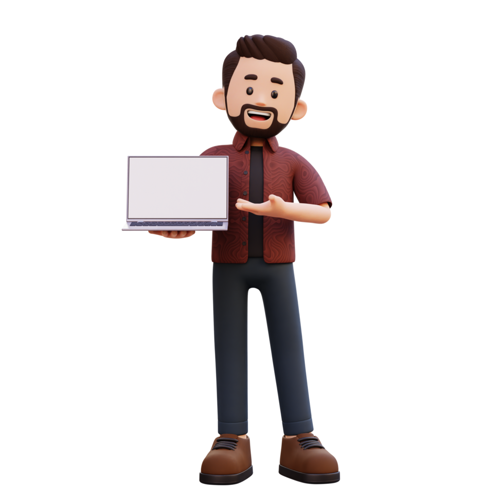 3d male character holding and presenting to a laptop with empty screen png