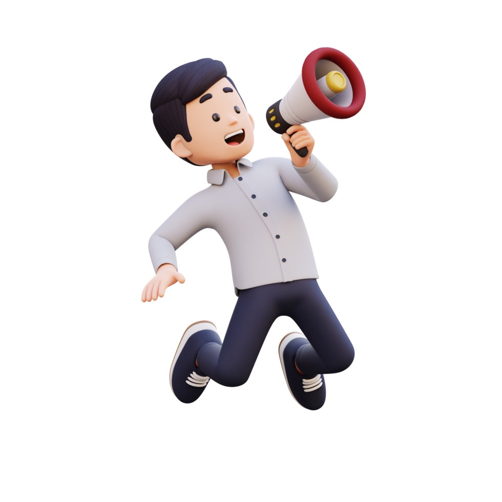 3D Male Character Jumping with Enthusiasm while Holding a Megaphone png