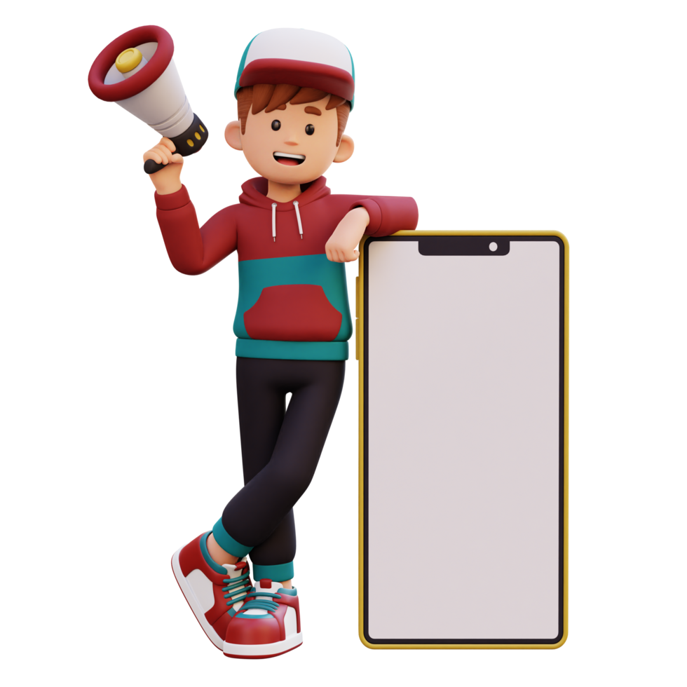 3d male character holding megaphone and laying on a big smart phone with empty screen png