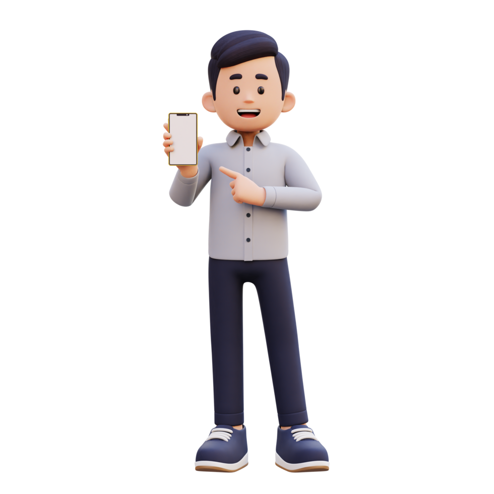 3D Male Character Holding and Pointing to an Empty-Screen Smartphone png