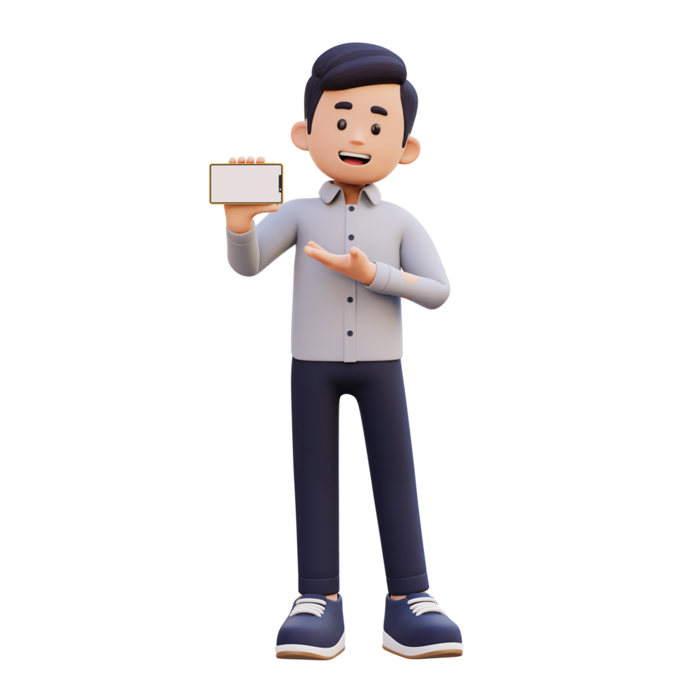 3D Male Character Holding and Presenting to a Landscape Smart Phone with Empty Screen png