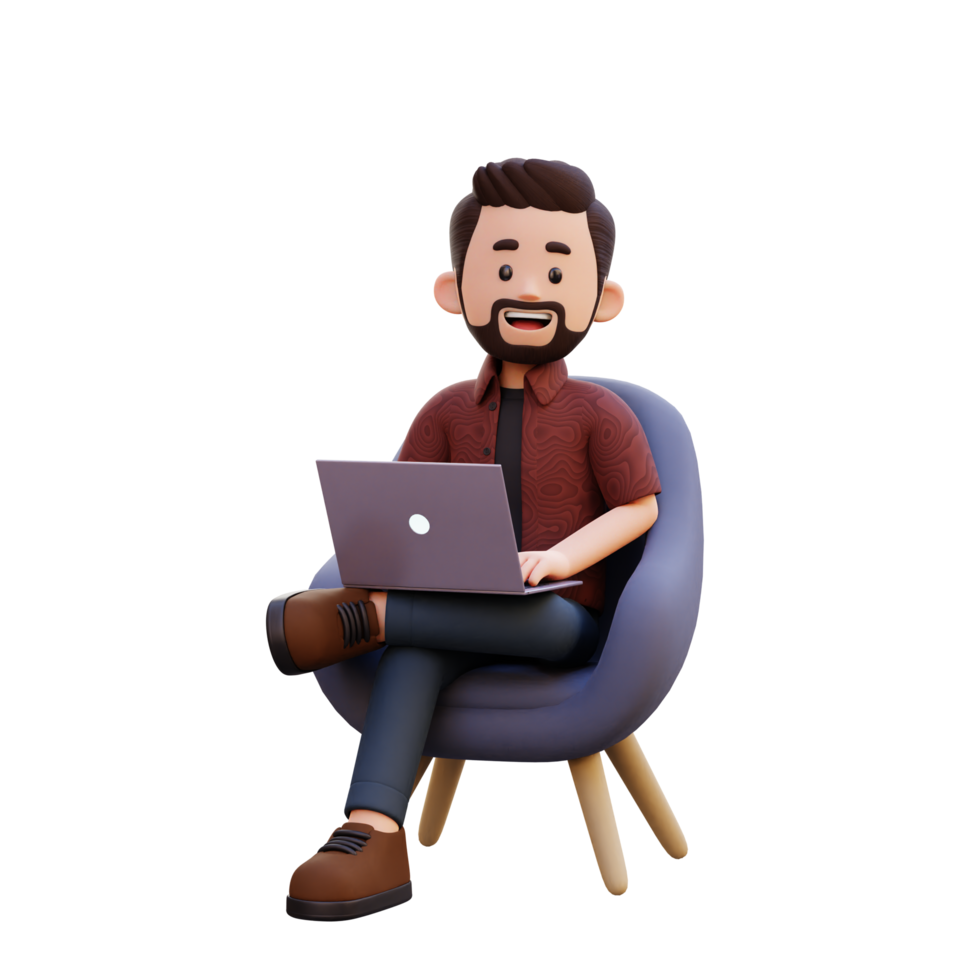 3d male character sitting on a sofa and working on a laptop png