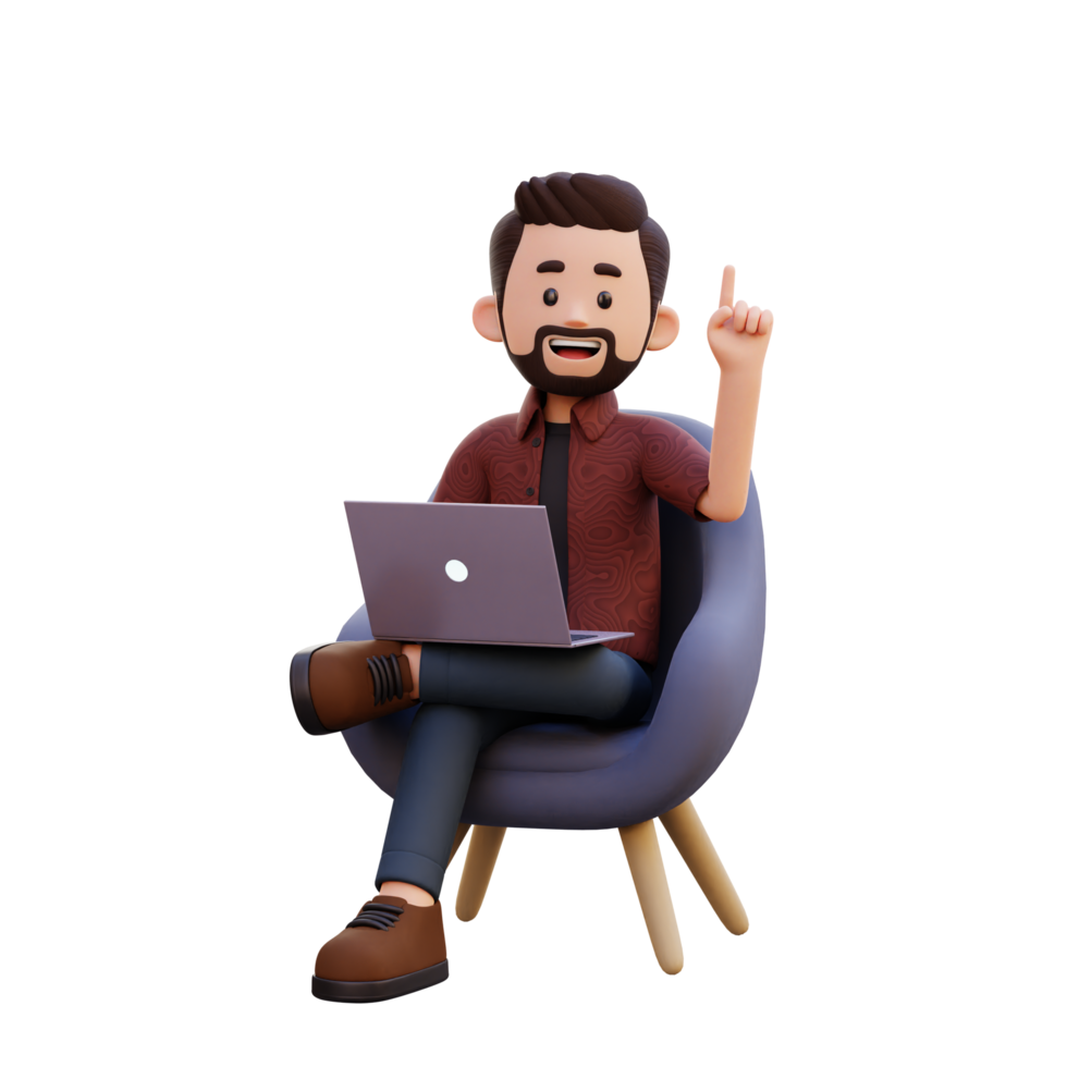 3d male character get an idea while sitting on a sofa and working on a laptop png