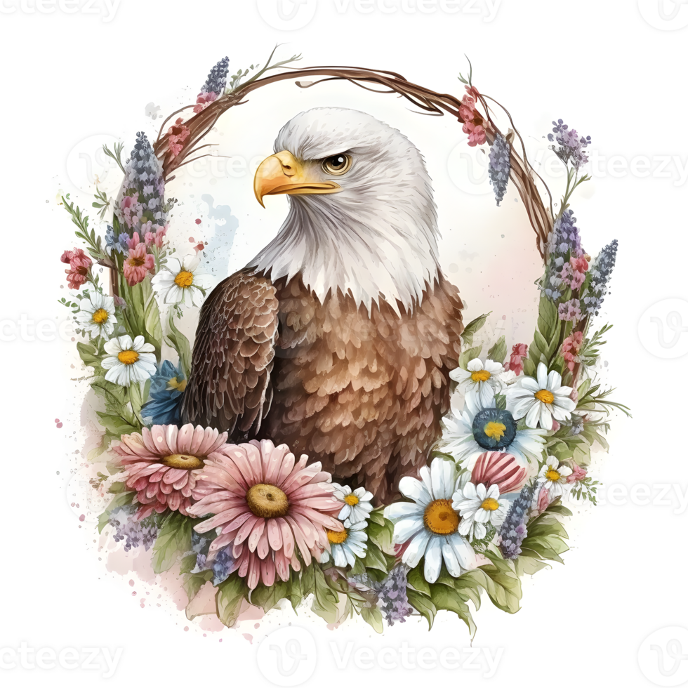 A watercolor illustration of an eagle with flowers. png