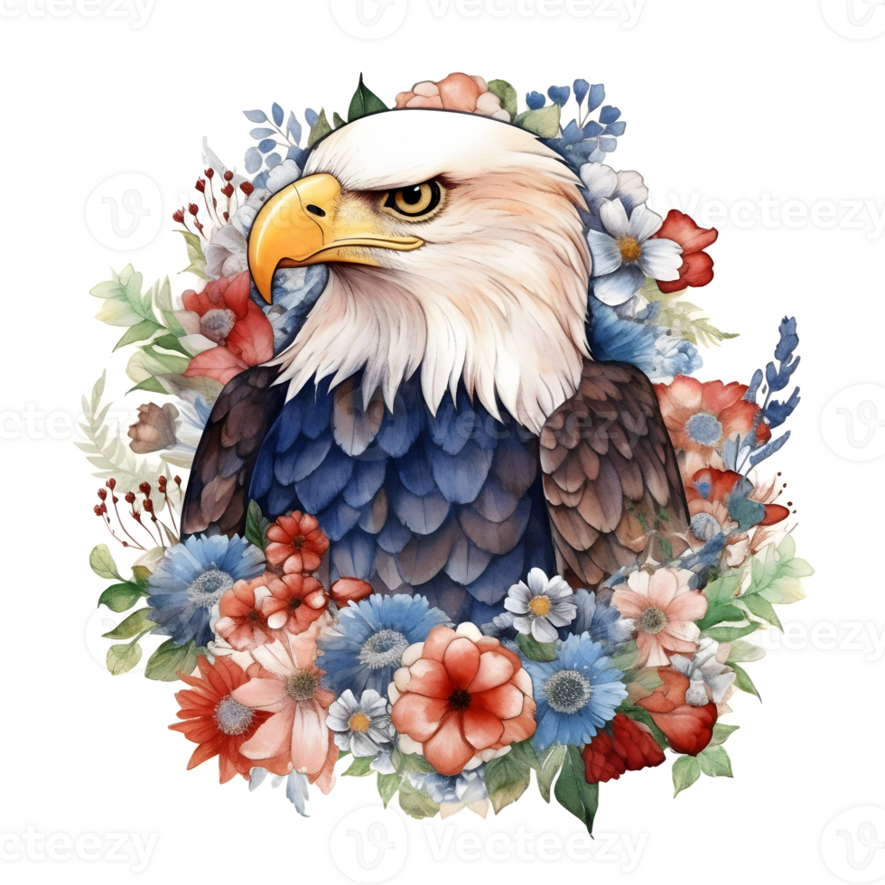 A watercolor illustration of an eagle with flowers. png