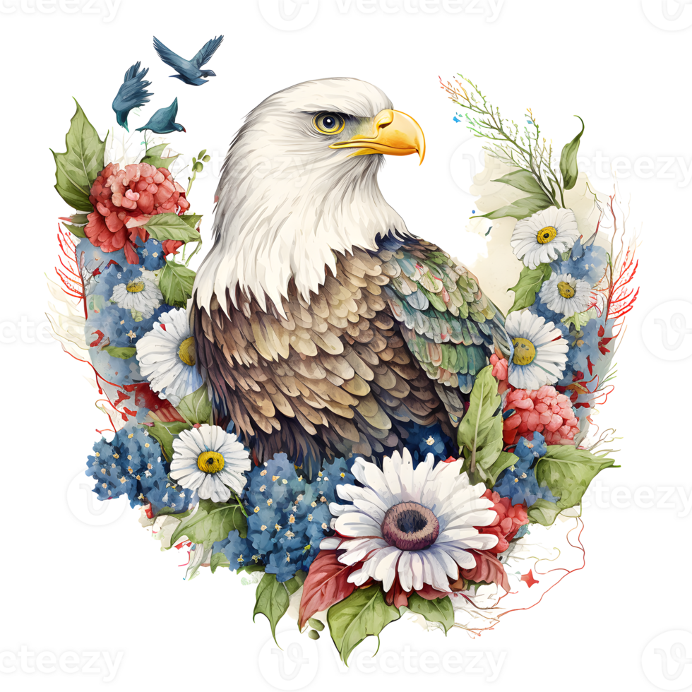 A watercolor illustration of an eagle with flowers. png
