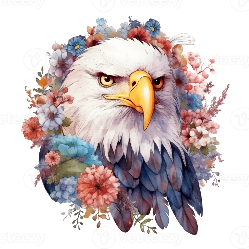 A watercolor illustration of an eagle with flowers. png