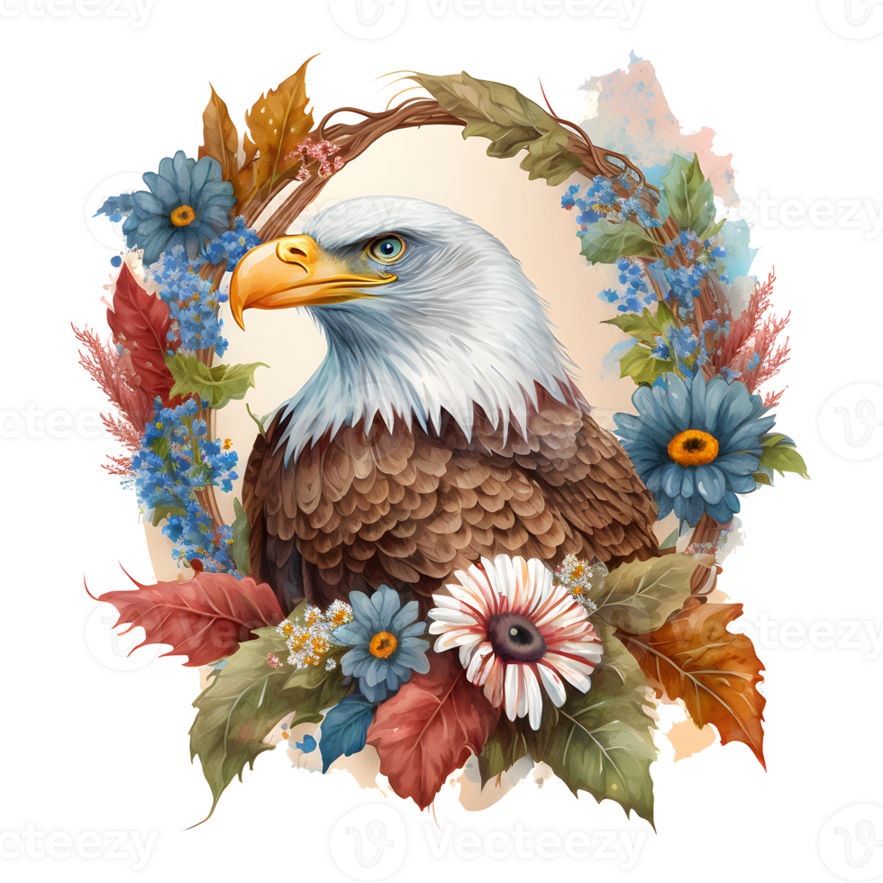 A watercolor illustration of an eagle with flowers. png