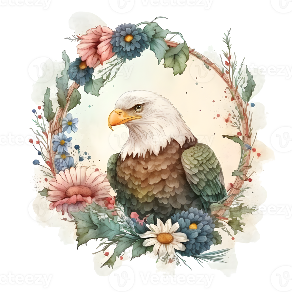 A watercolor illustration of an eagle with flowers. png