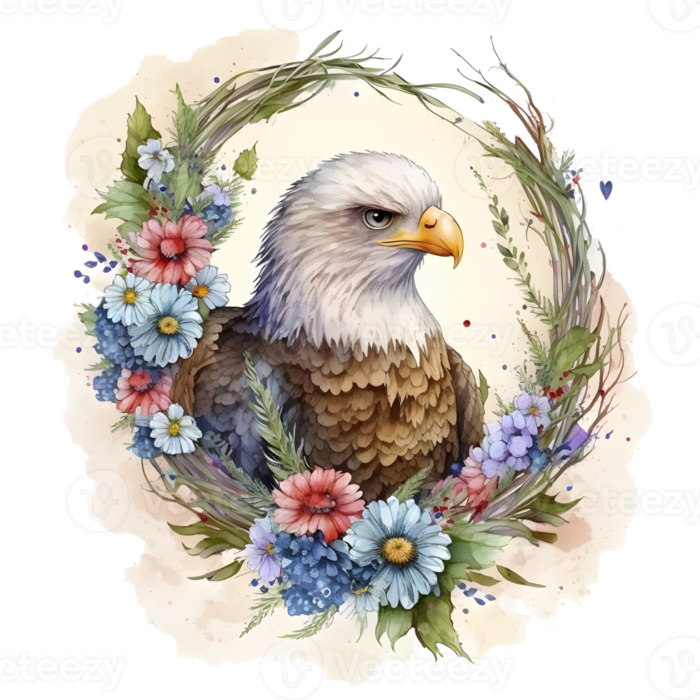 A watercolor illustration of an eagle with flowers. png