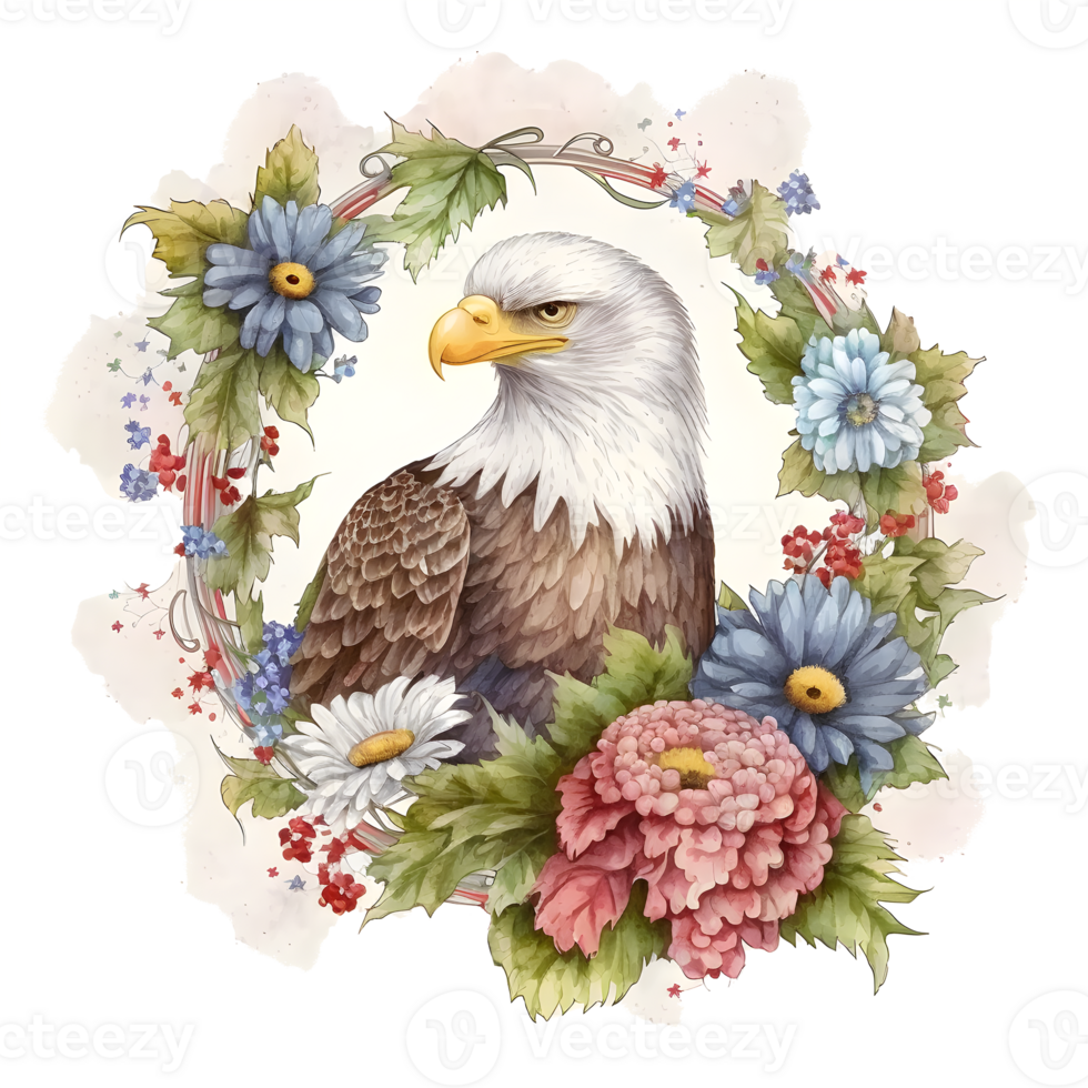 A watercolor illustration of an eagle with flowers. png