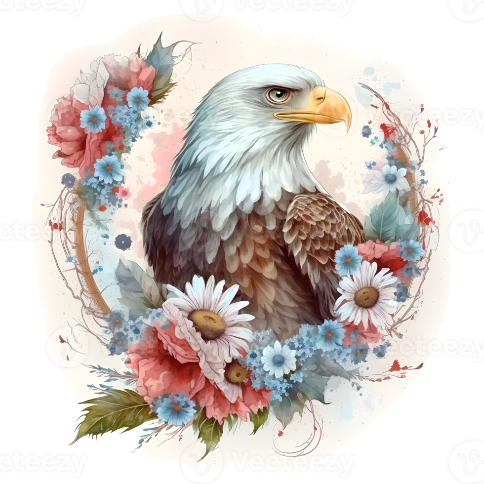 A watercolor illustration of an eagle with flowers. png