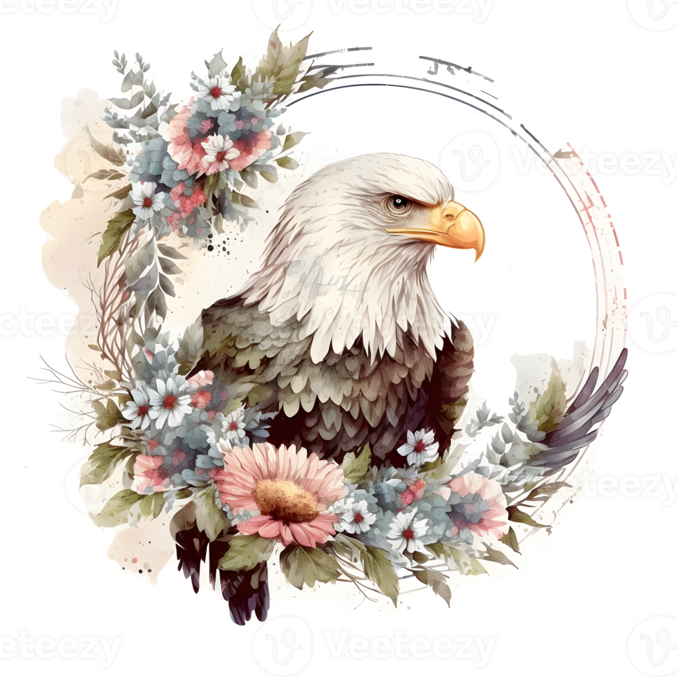 A watercolor illustration of an eagle with flowers. png