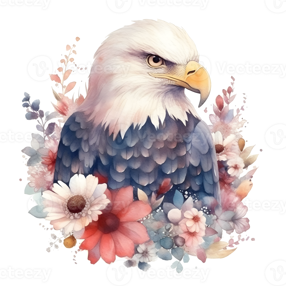 A watercolor illustration of an eagle with flowers. png