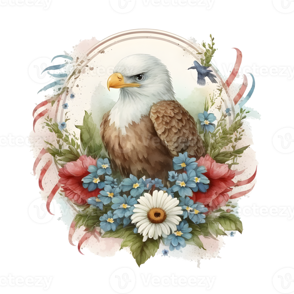 A watercolor illustration of an eagle with flowers. png