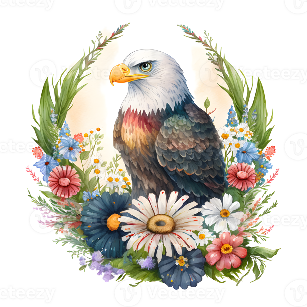 A watercolor illustration of an eagle with flowers. png