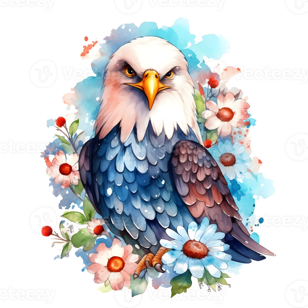 A watercolor illustration of an eagle with flowers. png