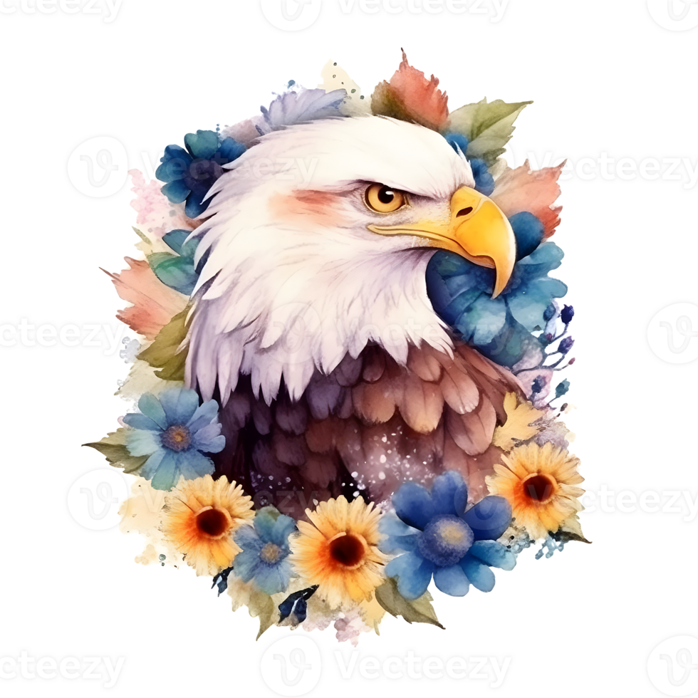 A watercolor illustration of an eagle with flowers. png