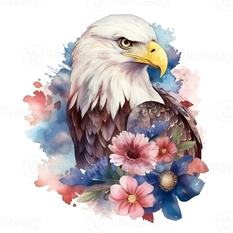 A watercolor illustration of an eagle with flowers. png