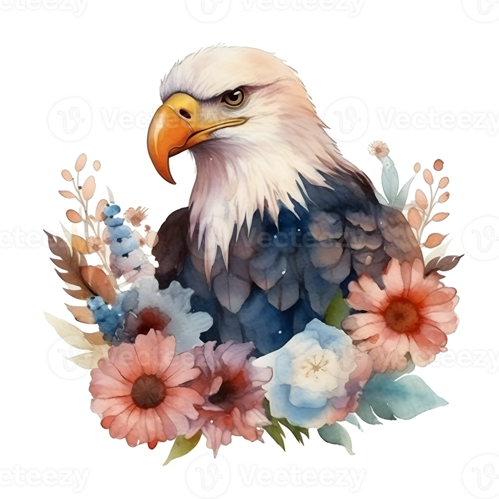 A watercolor illustration of an eagle with flowers. png