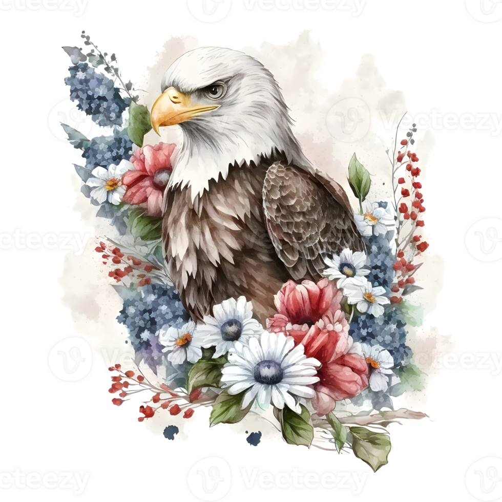 A watercolor illustration of an eagle with flowers. png